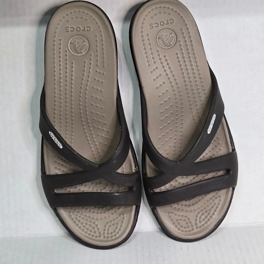 Crocs Patricia Wedge Sandals Espresso Brown Tan Strappy Comfort Shoes 7